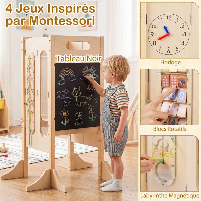 Torre de aprendizaje de madera COSTWAY para niños con escalones de 2 peldaños, pizarra y red de seguridad, para mayores de 3 años, color natural.