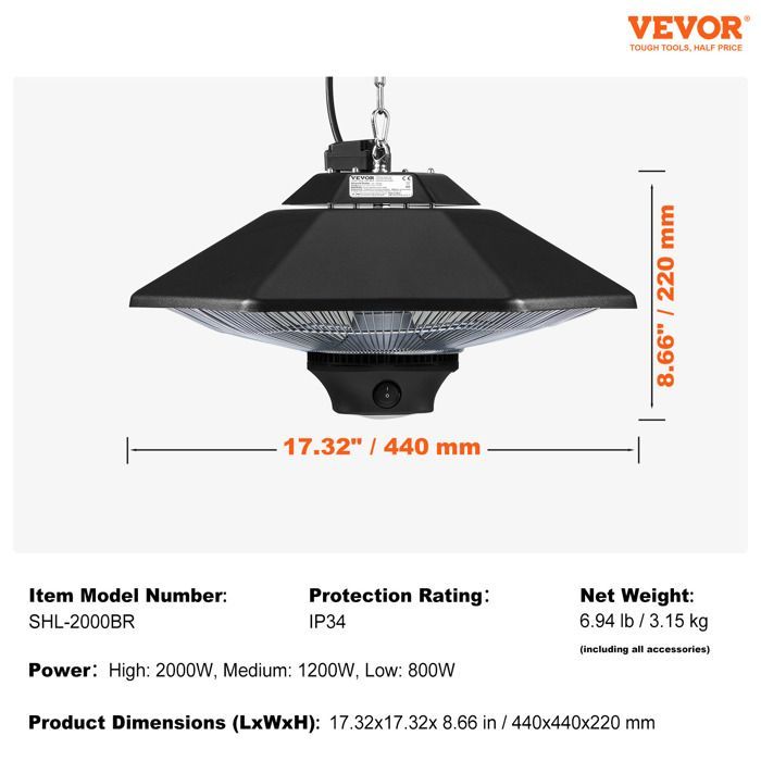 Riscaldatore da esterno per patio - VEVOR - 2000W - Riscaldatore elettrico a infrarossi sospeso a soffitto - per veranda, sala da pranzo