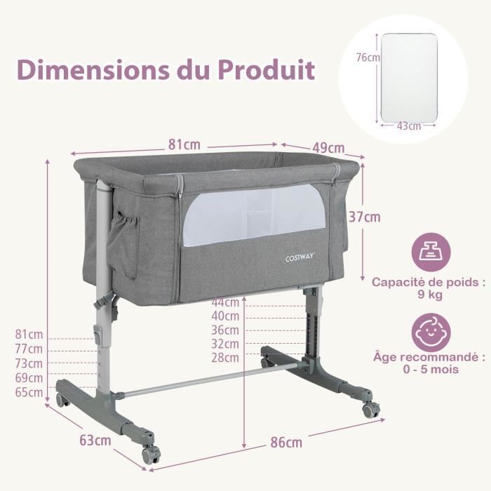 COSTWAY Baby Co-Sleeping Crib with 5 Adjustable Heights, 9KG Load Capacity, Breathable Mesh Bassinet and Travel Bag for Babies 0-6 Months, Light Grey