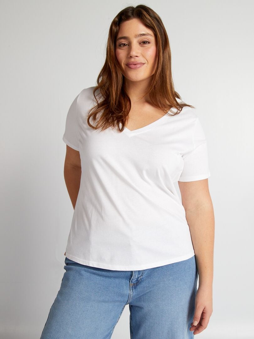 Camiseta de malha com decote em V - Branca