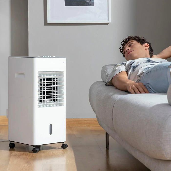 MODEZVOUS - Aire acondicionado evaporativo portátil, purificador de aire, ionizador sin aspas con luz LED de 90 W - Blanco
