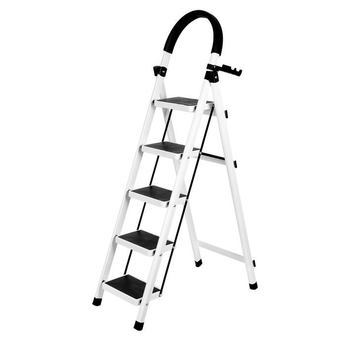 Blanc - 152cm Escabeau Pliant à 5 marches en Acier, Echelle avec Poignée et Marchepied Antidérapant, Capacité 150KG Chargé