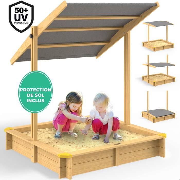 Spielwerk Bac à sable en bois d'épicéa SAMU 120x120cm toit réglable de protection UV jeu pour enfants extérieur jardin