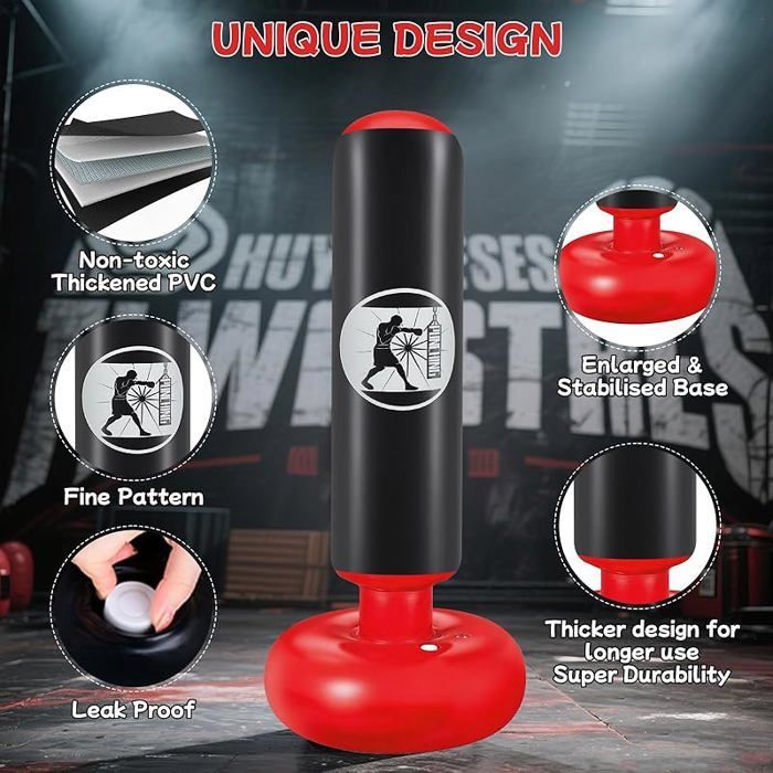 Saco de boxeo inflable independiente para niños de 160 cm con bomba de aire y guantes de boxeo, color negro. Set de regalo.