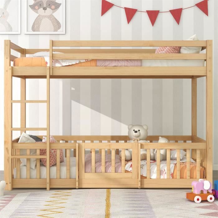 DRIPEX Lit Superposé 200x90cm avec escalier à angle droit,Lit Enfant avec barrières de sécurité et petites portes,naturel