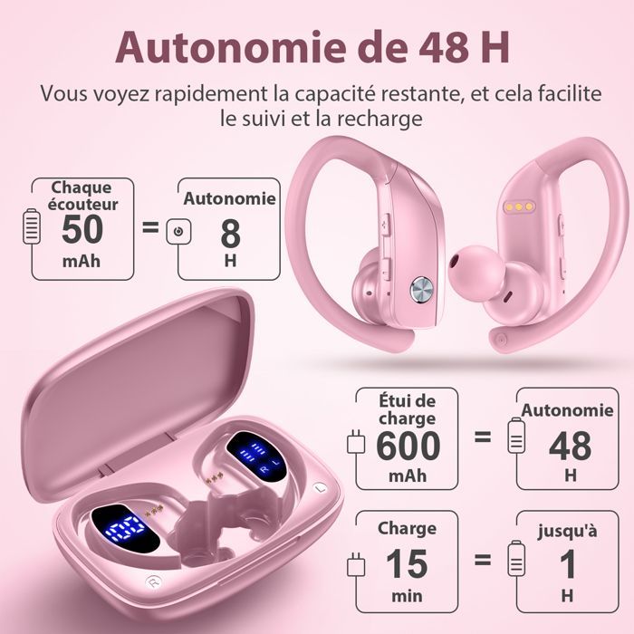 Écouteur Sans Fil VEATOOL Bluetooth 5.1 Sportif Étanche IPX5 HiFi Stéréo Autonomie 48h Micro Intégré Rose