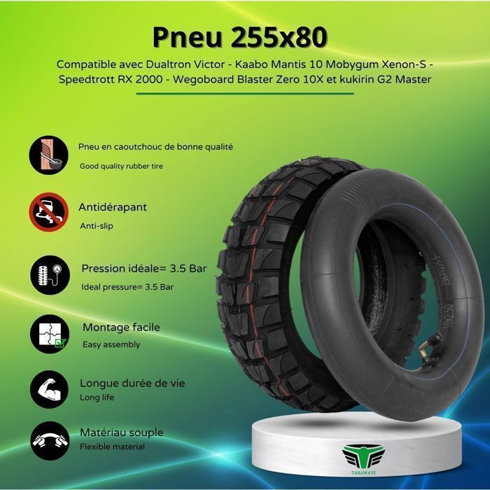 Pneu et Chambre à air 255x80 Pour Trottinette électrique Dualtron Victor - Kaabo Mantis 10 Mobygum Xenon-S  et kukirin G2 Master