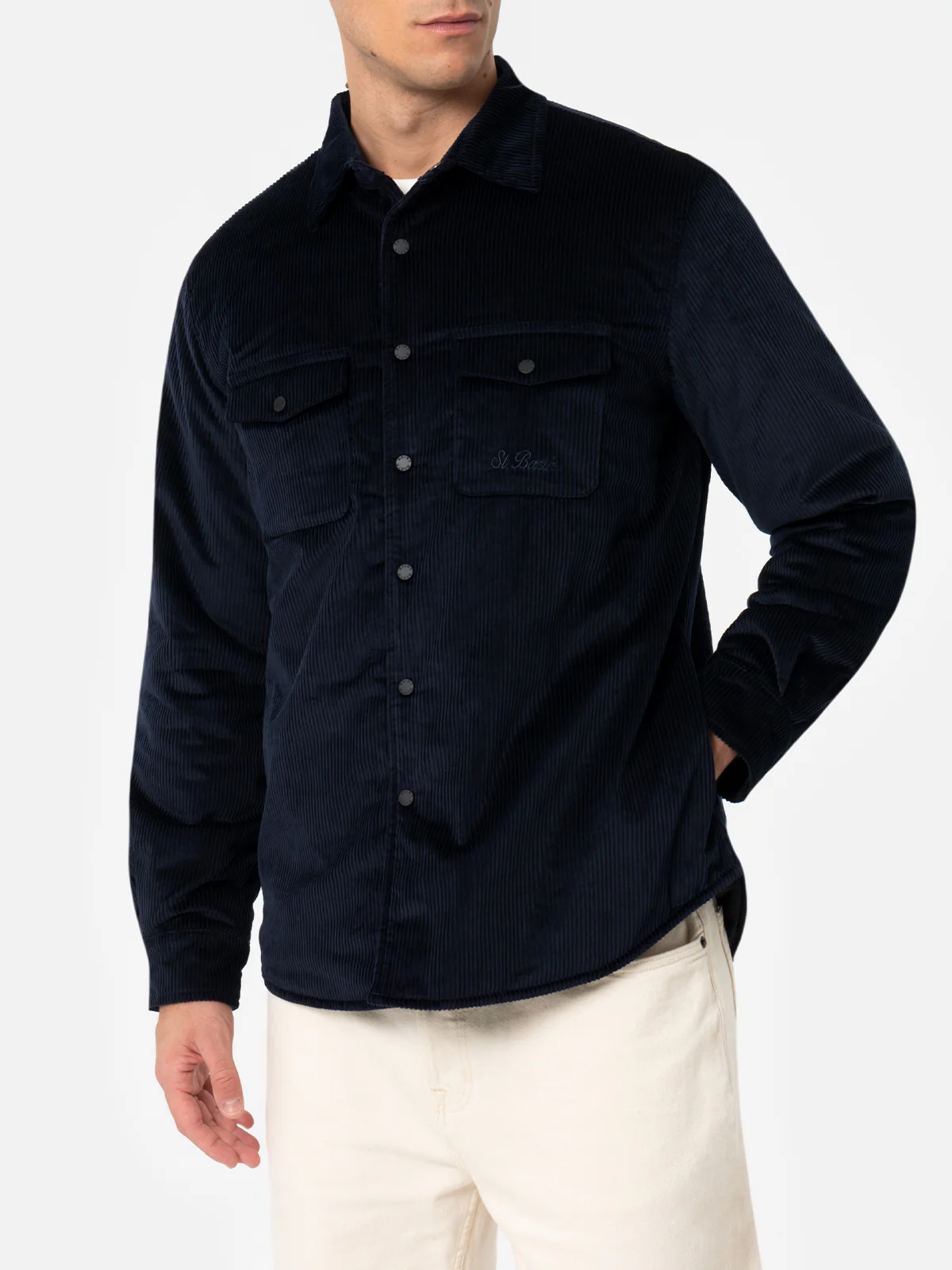Heren chalethemd van marineblauwe corduroy met borduurwerk