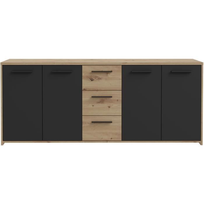 PILVI Dressoir - Moderne stijl - Melamine spaanplaat - Ambachtelijk eiken en zwarte afwerking - 4 deuren + 3 lades - B179,2 x D42 x H74,5