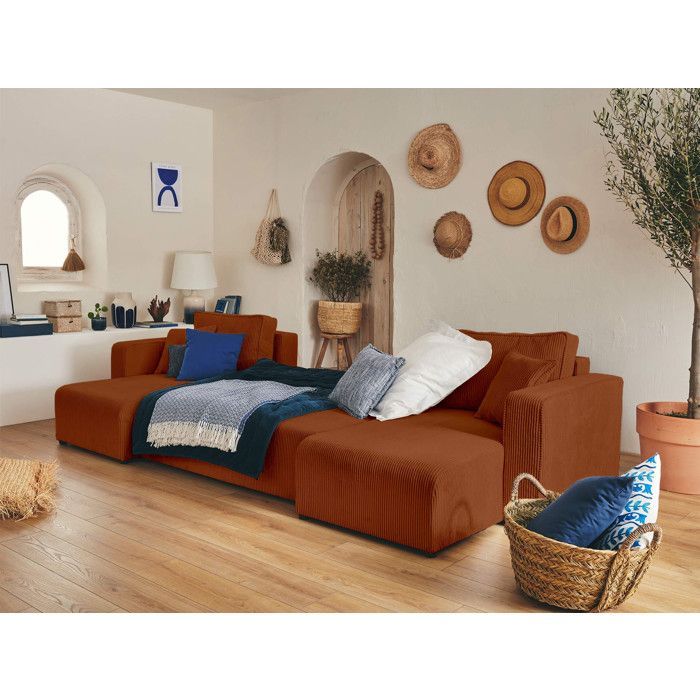 Topaze - U-shaped panoramic sofa - 7 seats - convertible with storage - in corduroy - Terracotta