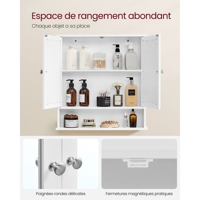 Mobiletto da bagno a parete con 2 ante e specchio - VASAGLE - Bianco - 56 x 13 x 58 cm