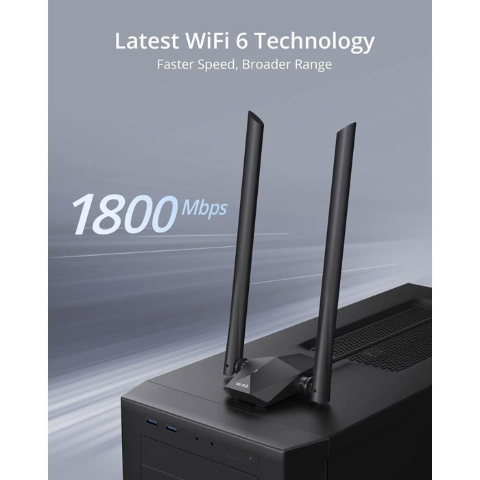 Leistungsstarker USB-WLAN-6-Adapter, AX1800 Mbit/s WLAN-USB-Adapter mit großer Reichweite und Hochleistungsantenne, Dualband-WLAN-Dongle, 5 GHz 1201 Mbit/s