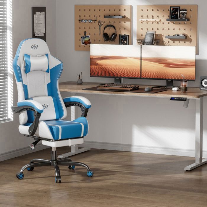 ECOFURNIX Massagestoel voor op kantoor, verstelbare gamingstoel met lendensteunmassagekussen en voetensteun, wit en blauw