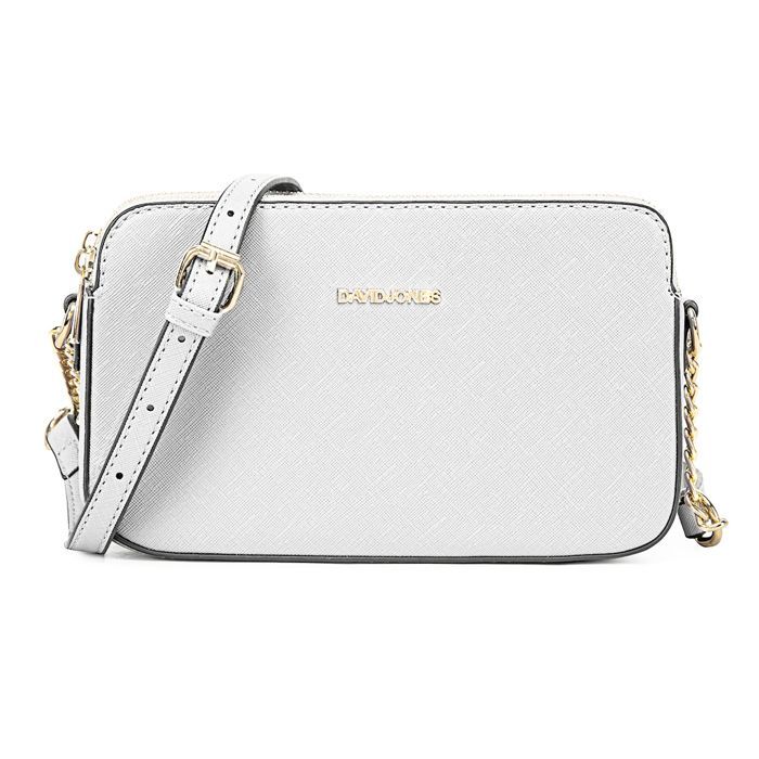 David Jones - Petit Sac Bandoulière Femme - Besace Chaînes Porté Epaule Cuir PU 3 Compartiments - Sacoche Multipoche - Blanc