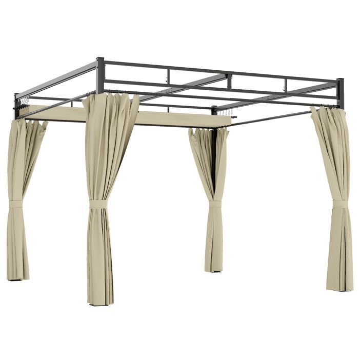 Garden pergola - outdoor garden gazebo - Outsunny - retractable roof, 4 curtains, UV30+ protection - steel - 3x3m - beige
