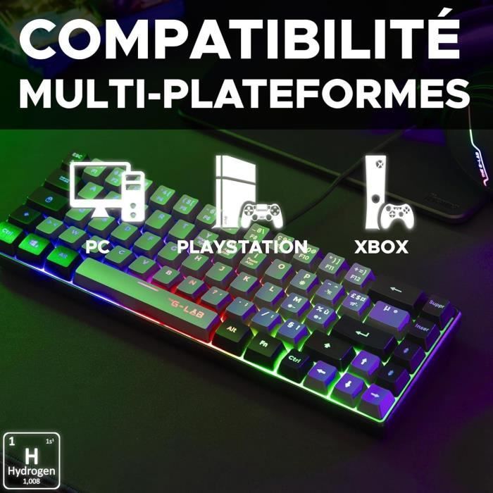 Clavier Gamer - The G-Lab - KEYZ HYDROGEN - 60% Format Compact - Rétroéclairé - Filaire - Noir/Gris