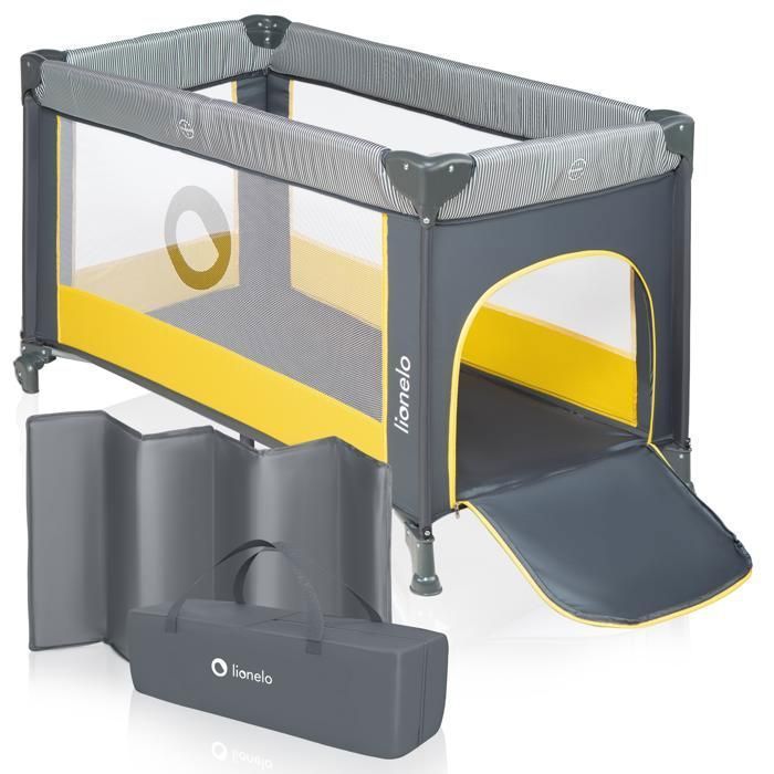 Cuna de viaje compacta 2 en 1 LIONELO de Stefi - Parque infantil - 0-36 meses - Bolsa de transporte - Plegado rápido - 2 ruedas - Amarillo