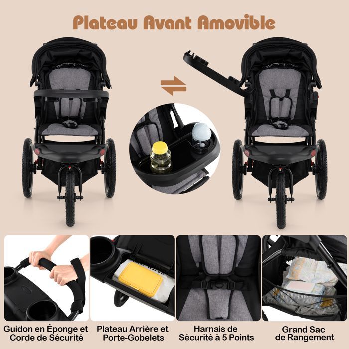 Cochecito plegable para bebé COSTWAY - Parasol ajustable - Asiento reclinable - 3 ruedas de goma con cámara de aire - 48 meses - 22 kg - 5 arneses