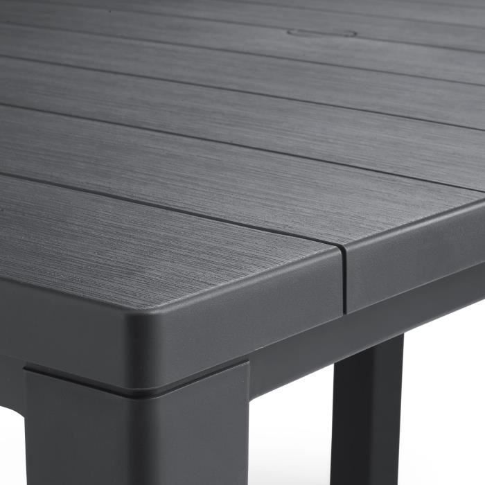 Mesa de jardim retangular, cinza grafite, resina com acabamento em madeira, acomoda de 4 a 6 pessoas, modelo Julie, da marca Allibert, fabricada pela KETER.