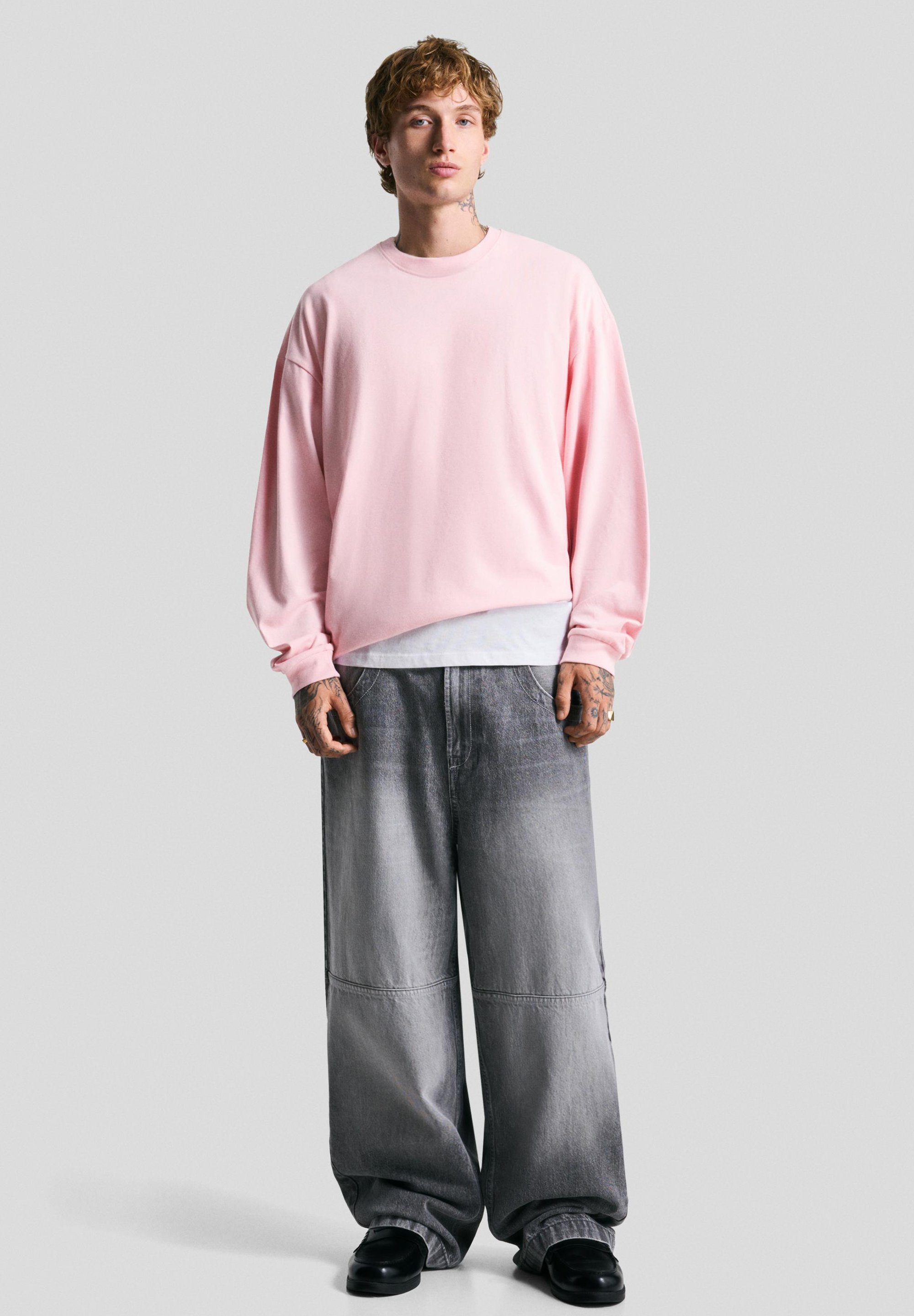 Bershka Langarm-Top in kastenförmiger Passform – Hellrosa