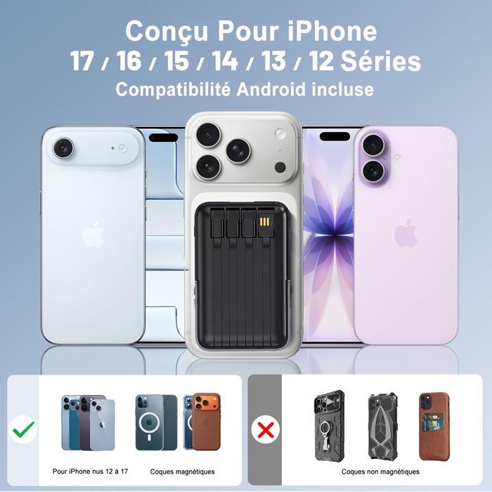 SEABUTY Batterie Externe Magnétique 20000mAh avec 4 Câbles Intégrés Power Bank Sans Fil 6 Sorties et 3 Entrées avec LED L'affichage