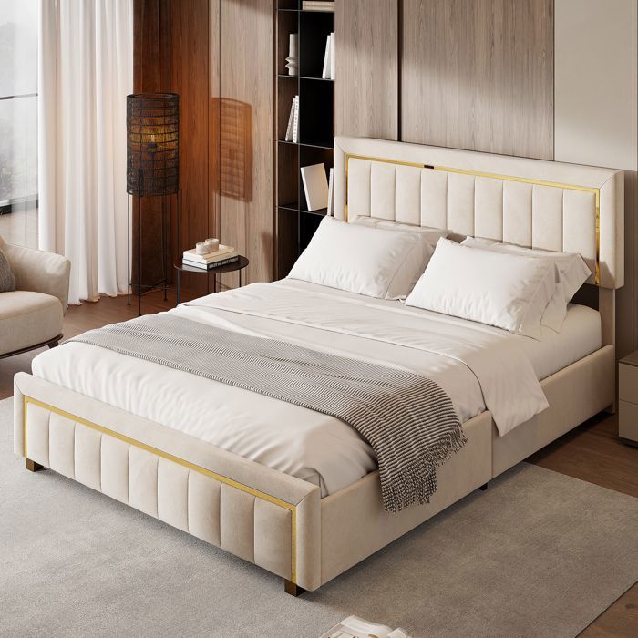 lit 140x200 avec sommier et coffre, Cadre de Lit pour 2 Personne, lit capitonné, avec levier hydraulique, velours, beige