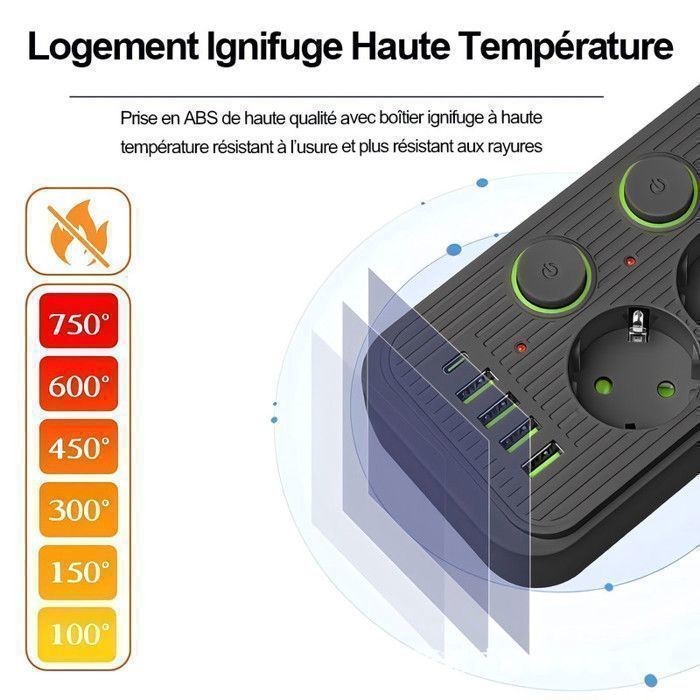 Multiprise Électrique 2500W, BYONDSELF®, Prise Électrique avec 5 Interrupteur Individuel, 5 Prises, 4 USB, 1 Type-C, Câble de 2m