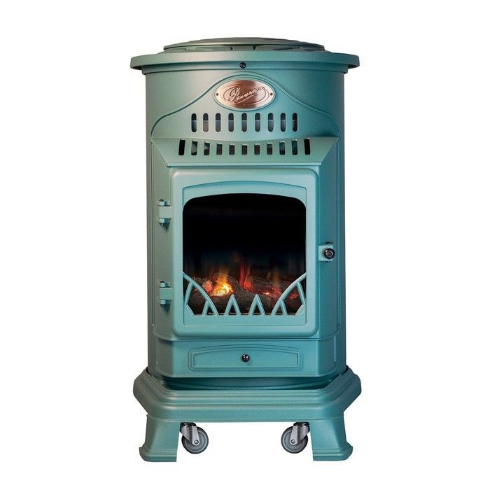 Estufa de gas de hierro fundido de 3,4 kW, verde, efecto leña, estilo provenzal, universal.