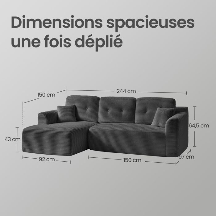VASAGLE Canapé Fixe d’Angle, Canapé 3 Places Sans Montage, Grande Méridienne Gauche, pour Salon ou Chambre, Gris