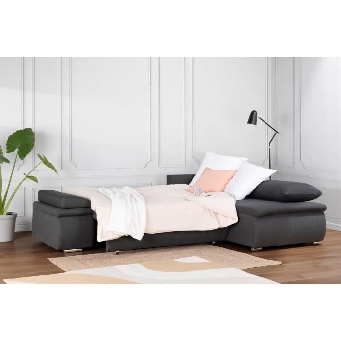 Sofá cama esquinero reversible CELINA, 3 plazas + cajonera con almacenamiento - Tela gris - 274 x 184 cm (ancho x profundidad)
