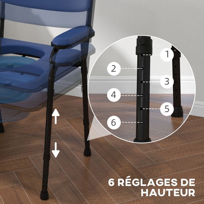 Silla inodoro - HOMCOM - Inodoro multifuncional antideslizante 5 en 1 con cubo extraíble - acero - azul