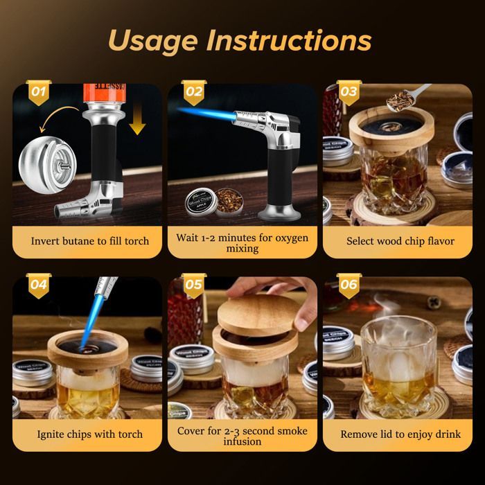 Coffret fumoir cocktails/whisky : inclut brûleur, 8 copeaux de bois, 3 pierres à whisky en acier inoxydable (sans butane)