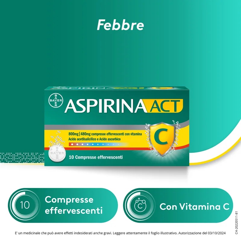 ASPIRINE Aspirine Act C Fièvre et symptômes grippaux 10 comprimés effervescents avec vitamine C