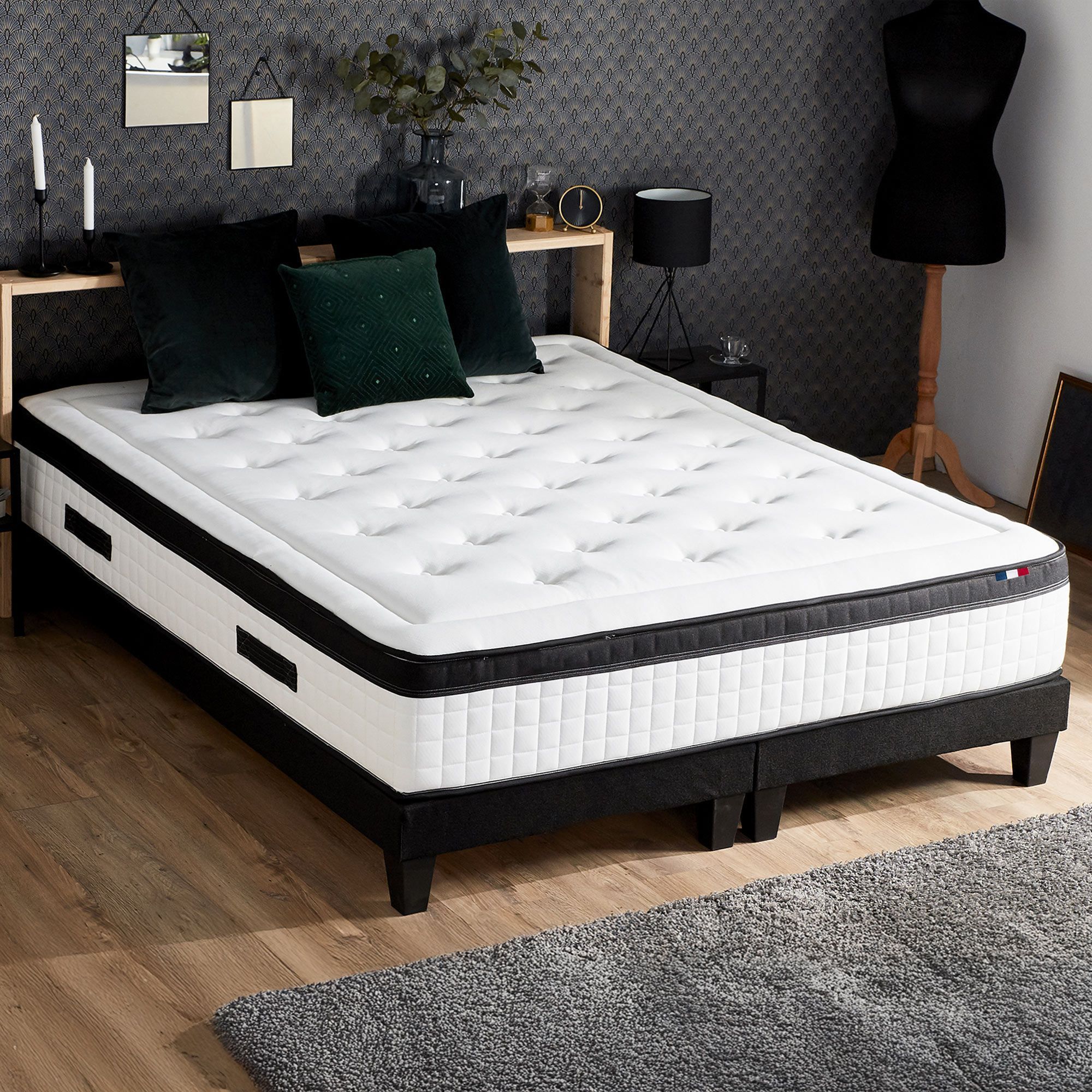 Colchón y base de cama COMFORT DESIGN Quatuor 180 x 200 - 30 cm de grosor - 4 tecnologías - Muelles/Vesmooth/Látex/HR - Fabricado en Francia
