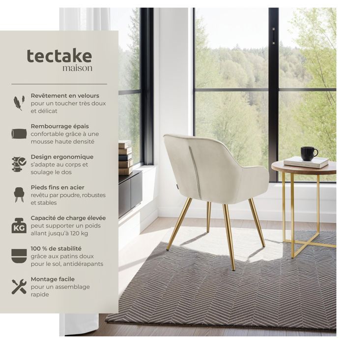 Chaises - TECTAKE - Lot de 4 fauteuils de salle à manger MARYLIN aspect velours avec pieds en acier doré - Crème/Or
