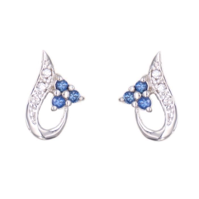 Pendientes de oro blanco con zafiros azules y circonitas cúbicas para mujer - Pendientes de botón - 375/1000