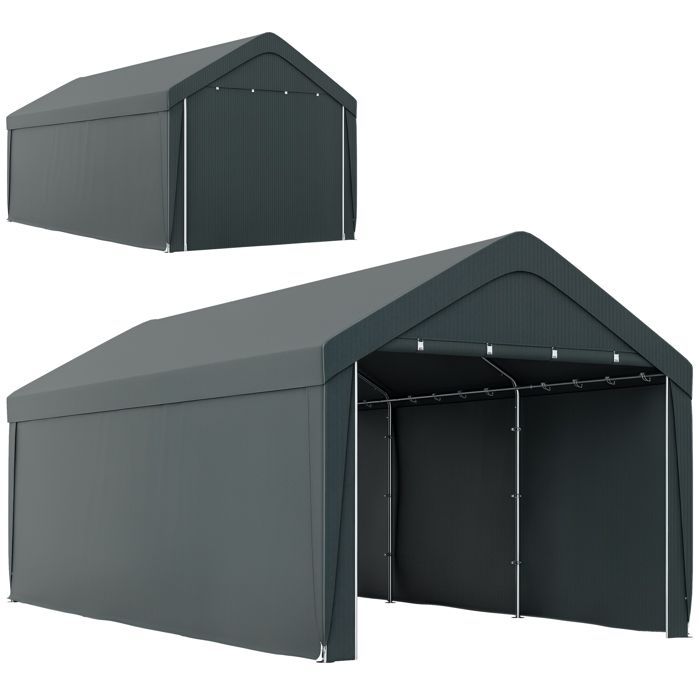 Abri voiture extérieur - Outsunny - parois latérales amovibles, 2 portes zippées enroulables - PE et acier - 3 x 6 m - gris