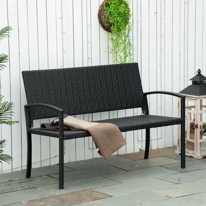 Banco de jardín de ratán sintético, banco de parque de 2 plazas con estructura de acero y tejido negro, 122 x 60 x 87 cm, para jardín y terraza.