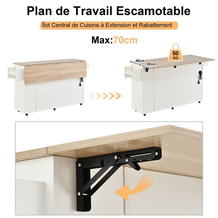 ilot central-CDISPLAY -Meuble Cuisine avec Rangement-135 × 40 × 90 cm-blanc