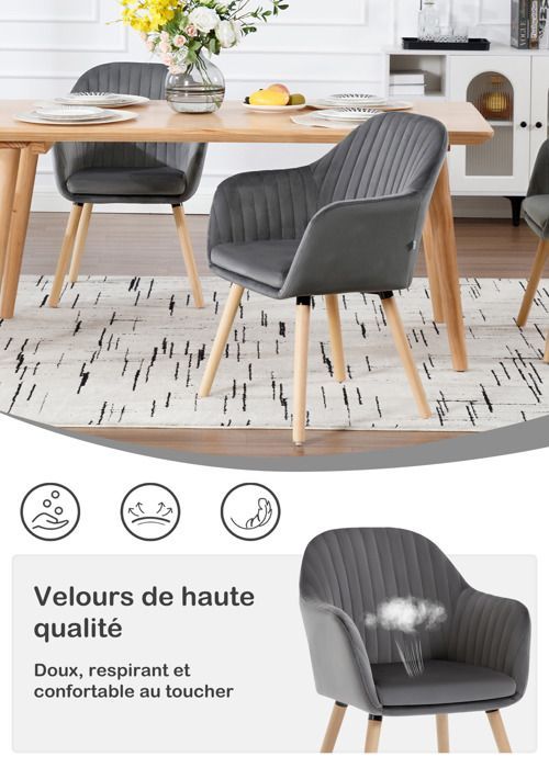 Juego de 4 sillas de comedor WOLTU, sillas de recepción de terciopelo y madera maciza, gris oscuro.