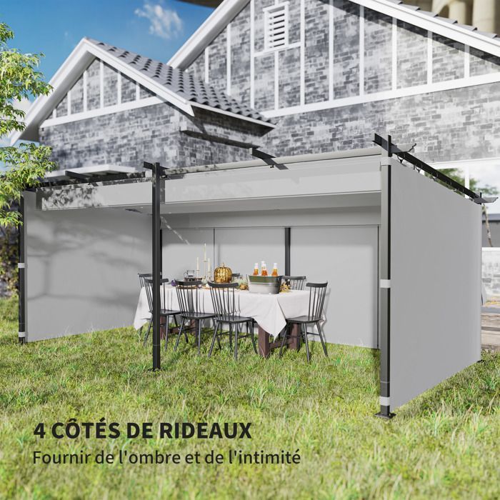 Pergola jardin exterieur 3 x 6 m - Outsunny - toit coulissante rétractable - parois latérales - abri soleil UPF30+ - gris
