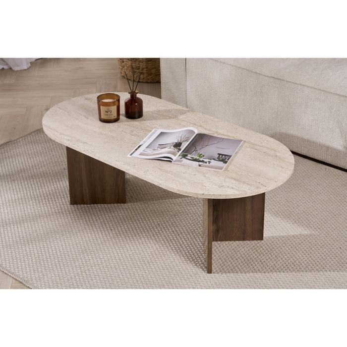 CALICOSY - Table basse ovale L119 cm - IRIS - Travertin/ Noyer