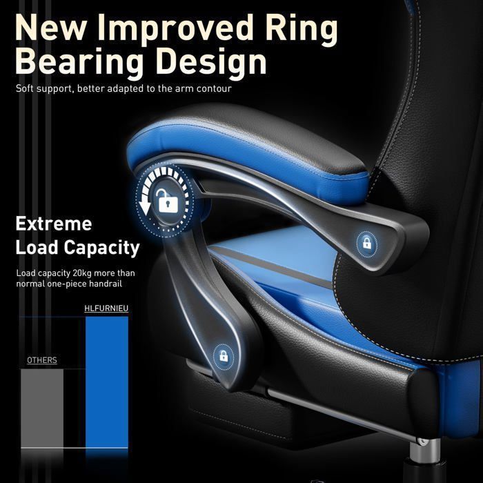 Sedia da ufficio massaggiante ECOFURNIX, sedia da gaming regolabile con cuscino massaggiante lombare e poggiapiedi, nera e blu
