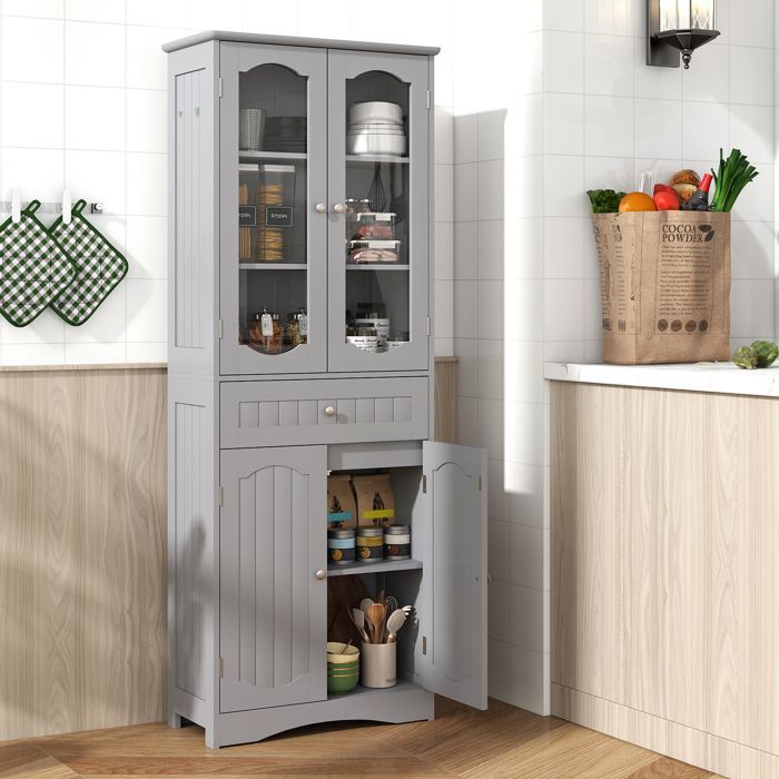 Mueble columna de baño COSTWAY, alto, con 4 puertas, 1 cajón y 2 estantes ajustables, para baño y cocina, 60x30x160 cm, gris.