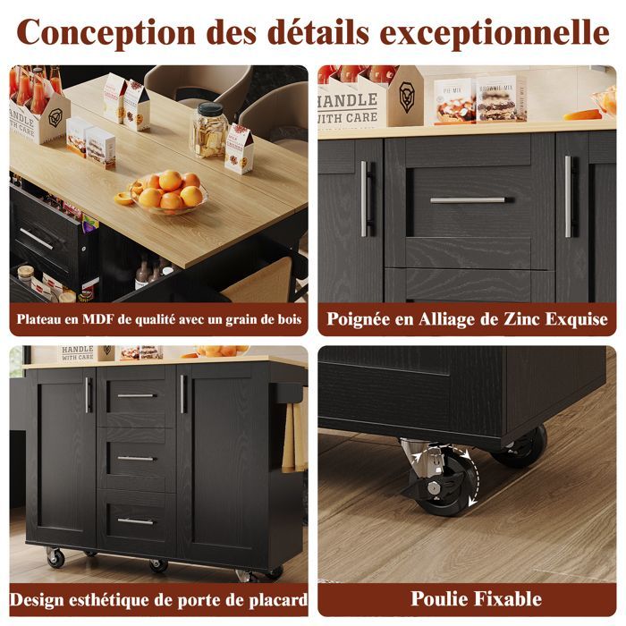 Kitchen Buffet, Multifunctional Kitchen Island with 3 Storage Drawers, Towel Rack with Wheels, Black