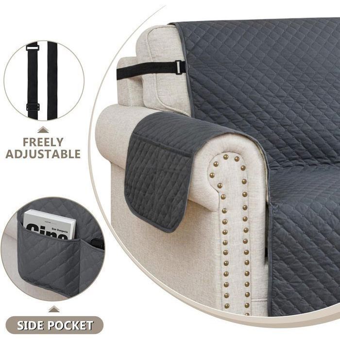 Funda para sofá de 3 plazas de 170 cm, impermeable, con reposabrazos, reversible, protectora, antideslizante, con bolsillos, color gris.