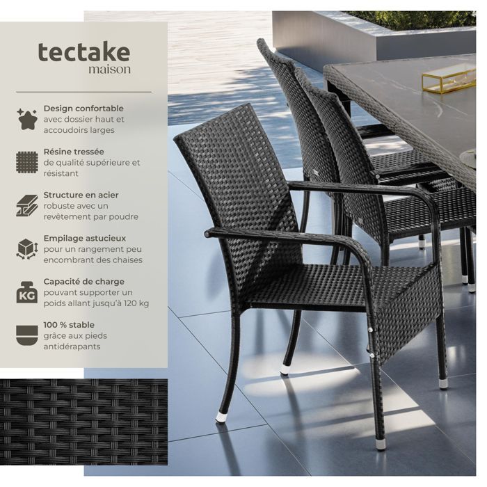 Chaises de jardin - TECTAKE - Lot de 6 fauteuils de repas d'extérieur en rotin résistants aux UVs 58 x 67 x 90 cm - Noir