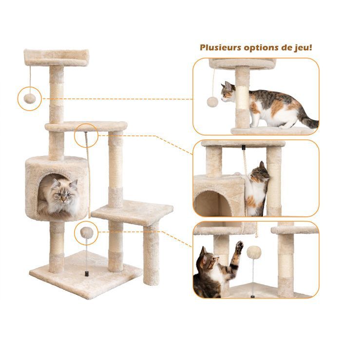 Arbre à Chat,112cmTour de Jeux Stable pour Chat,Arbre à Grimper Multi-Niveaux avec4Poteaux en Sisal,3Plateformes,Nid Douillet