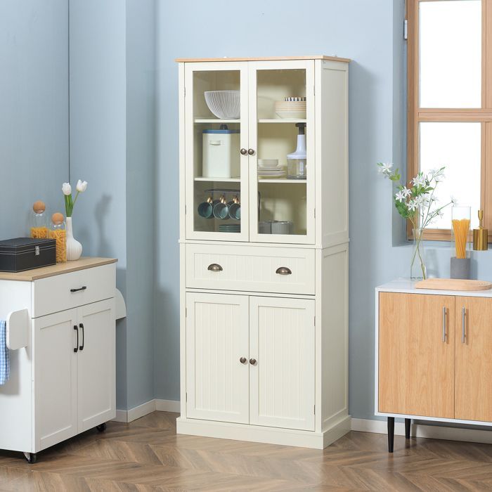 Kitchen sideboard - HOMCOM - storage unit with 4 doors (2 glass doors) and 1 drawer - wood - height 182.5 cm - beige