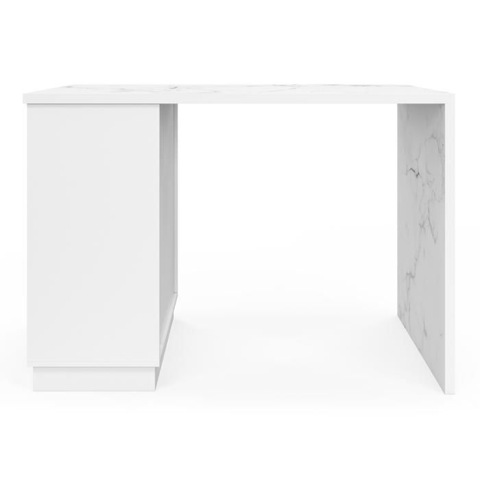 Isla de cocina alta IDMARKET VITO de 130 cm, color blanco, para 4 personas, con encimera de mármol ALASKA.